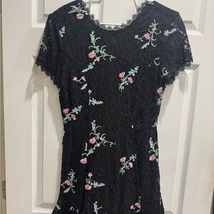 Wayf Black Lace Dress with Pink Floral Embroidery